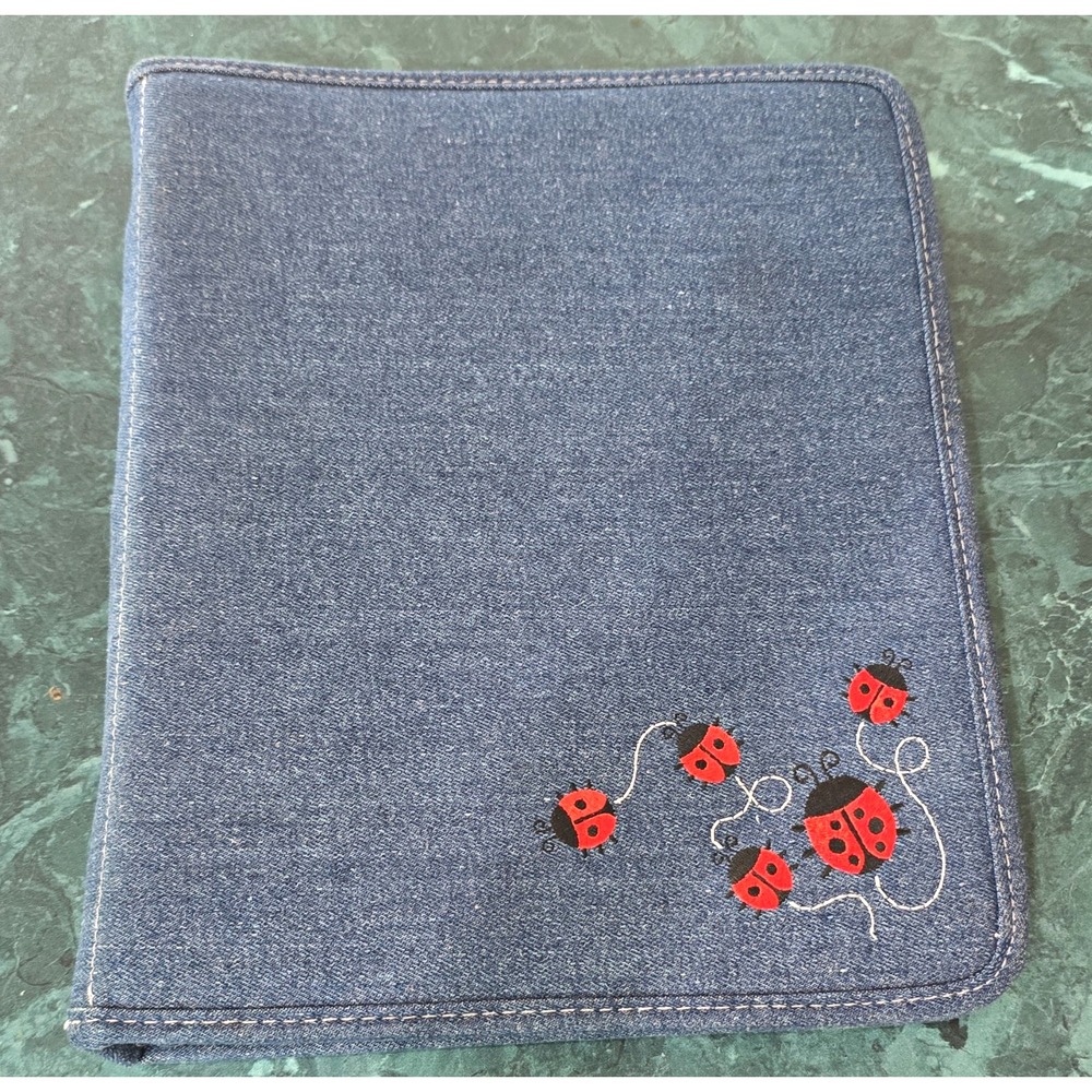 Vintage Y2k Denim, embroidered lady-bug 3-ring zipper binder. Charm zipper. VGUC